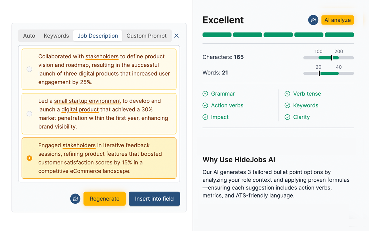 HideJobs AI resume builder creating customized bullet points