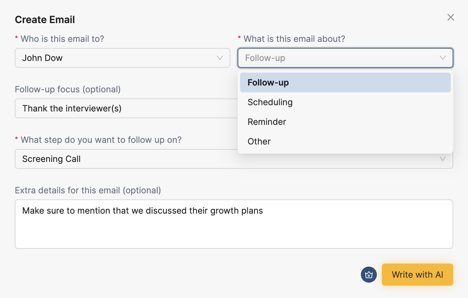 HideJobs AI-generated follow-up email draft ready to send
