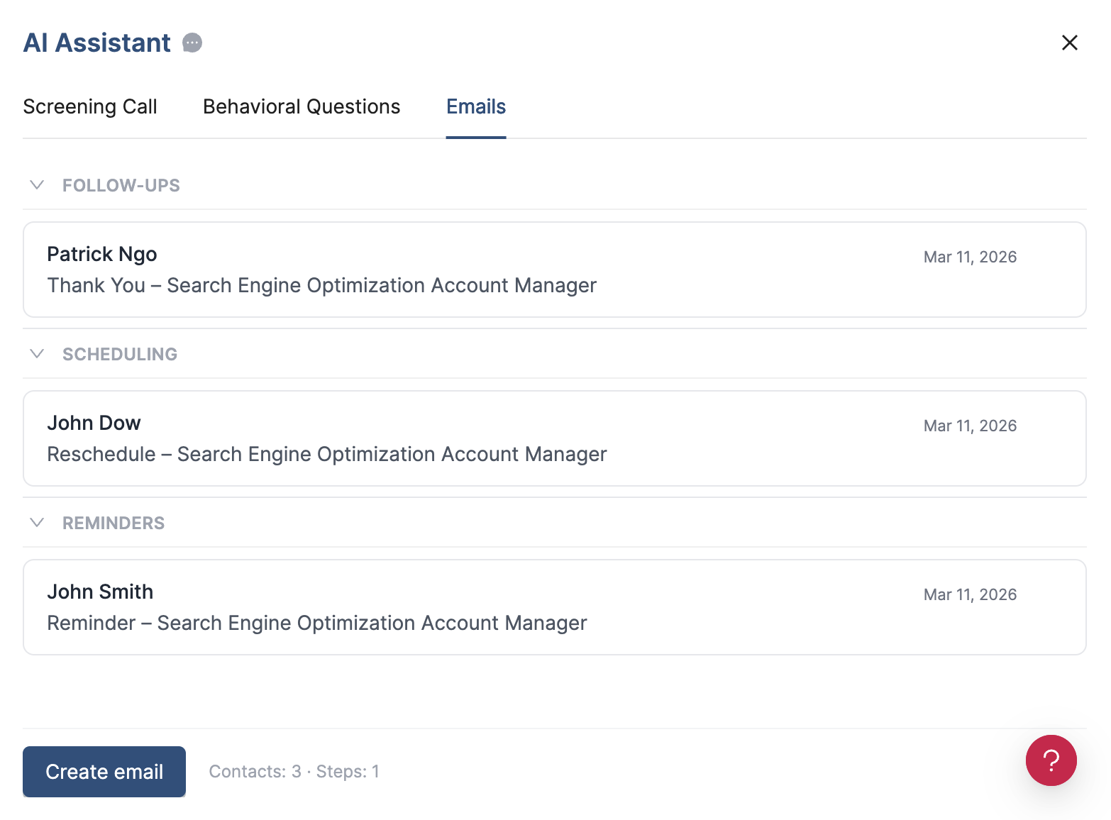 HideJobs AI email drafts panel with follow-up and thank-you email templates