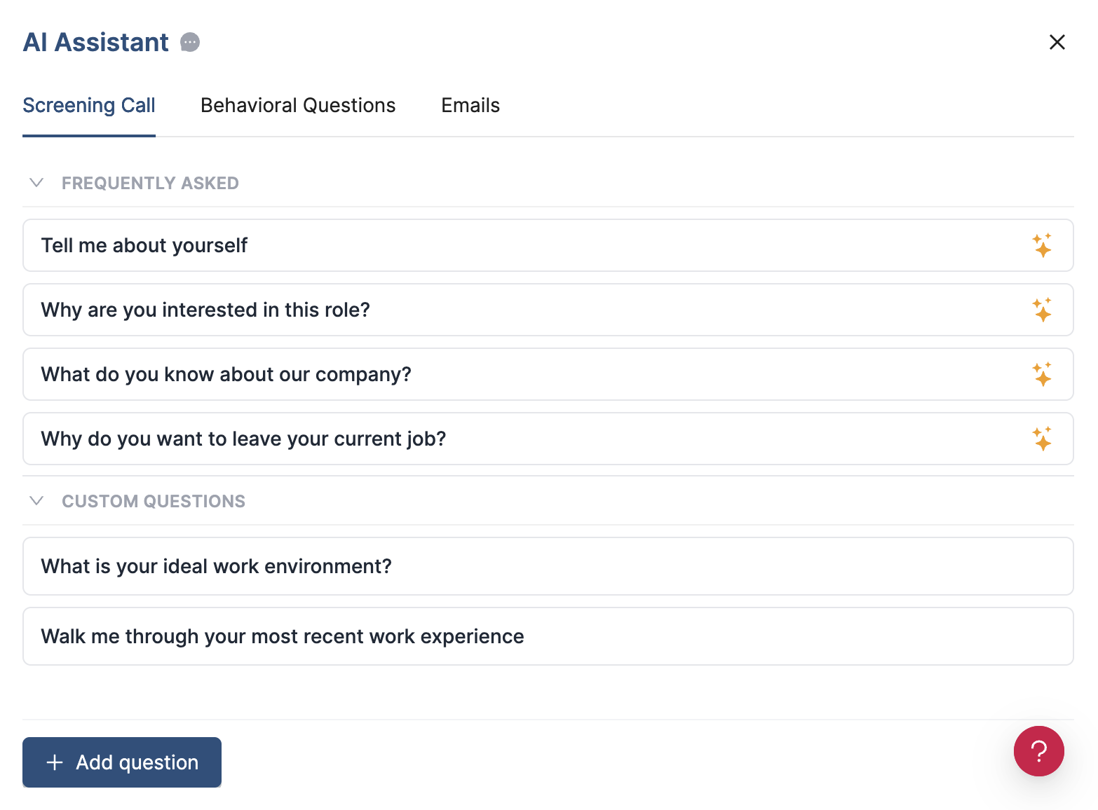 HideJobs AI screening prep panel showing generated questions for a job application