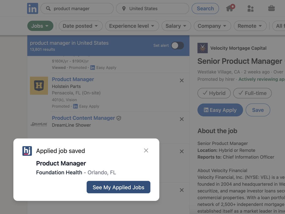 HideJobs automatically adds a LinkedIn job to the tracker when marked as applied