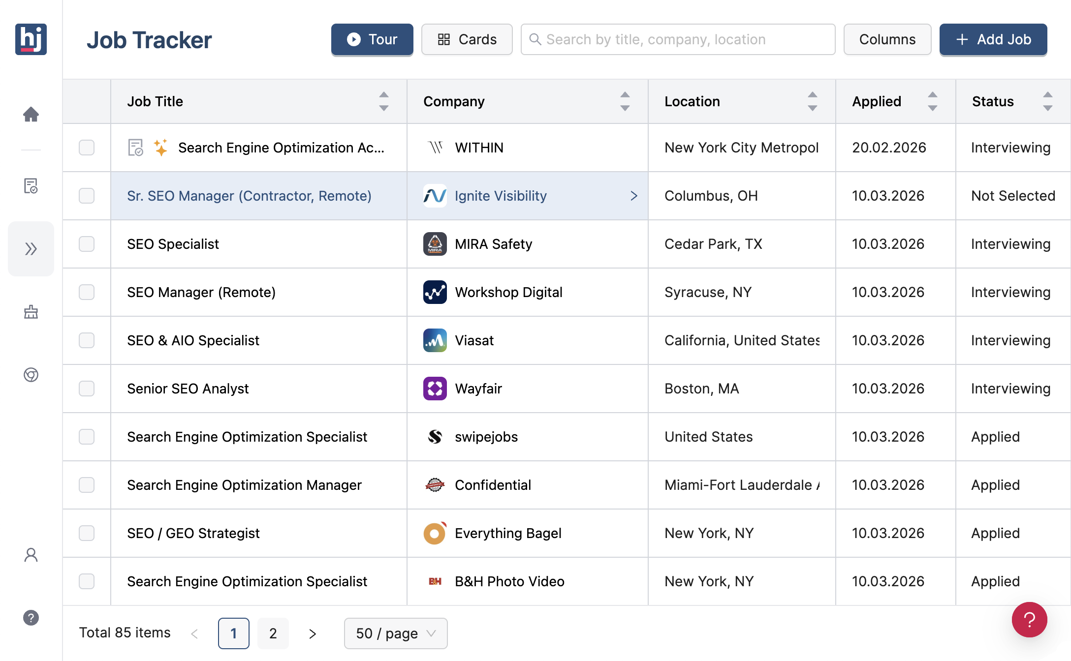 HideJobs job tracker table view with application statuses and follow-up dates