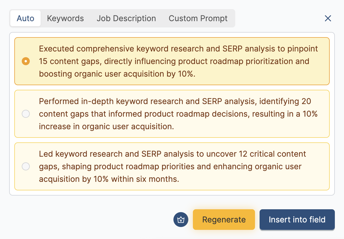 HideJobs resume builder showing three AI-generated bullet point options for a Chrome Web Store listing role