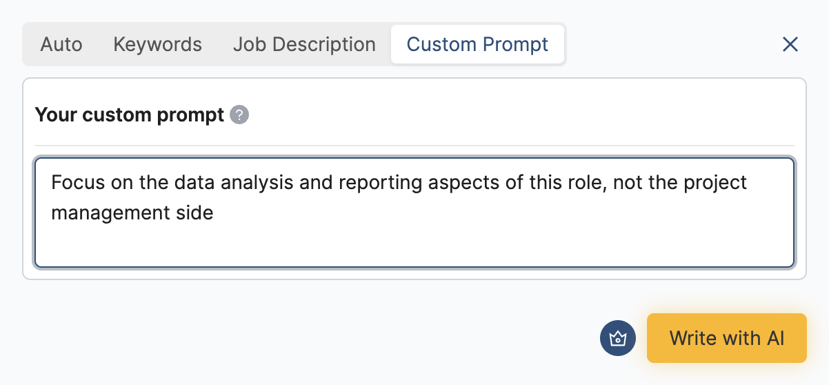 HideJobs resume builder in Custom Prompt mode with the instruction: Focus on the data analysis and reporting aspects of this role, not the project management side