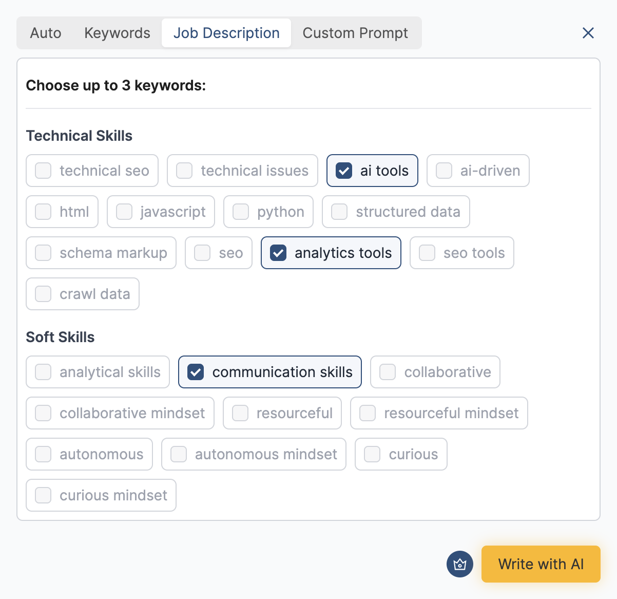 HideJobs resume builder in Job Description mode showing extracted keywords as checkboxes ready to be woven into a bullet point
