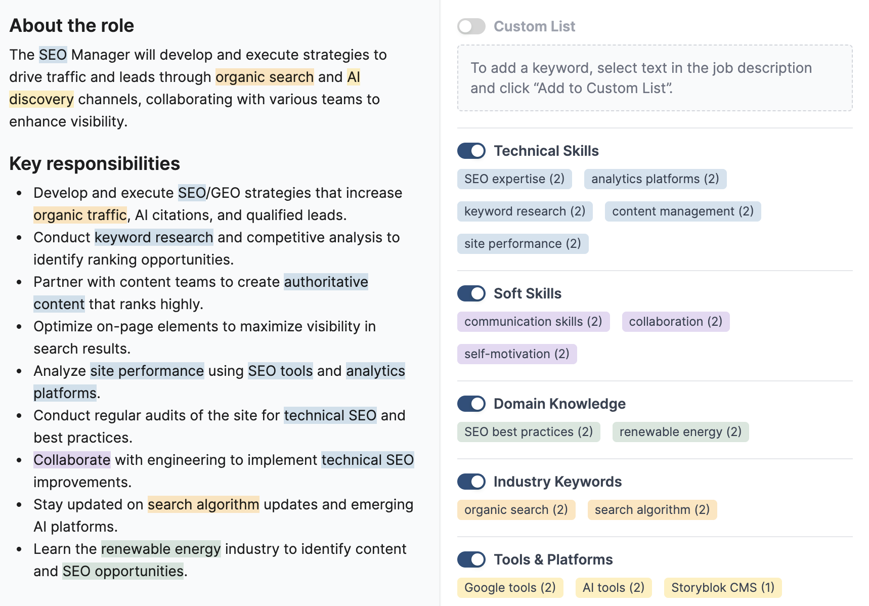 HideJobs job tracker showing a job description on the left with keywords highlighted, and extracted keywords grouped by category on the right