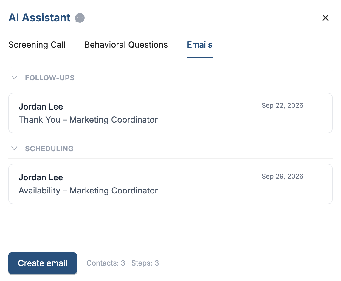 HideJobs AI Assistant with the Emails tab open next to Screening Call and Behavioral Questions, a saved thank-you email for Jordan Lee under Follow-ups, an availability email under Scheduling, and a Create email button