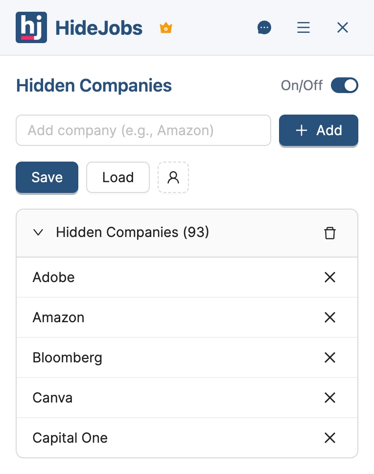 HideJobs companies management panel