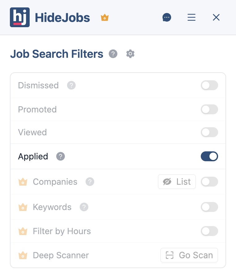 HideJobs filters panel with the Applied Jobs toggle enabled