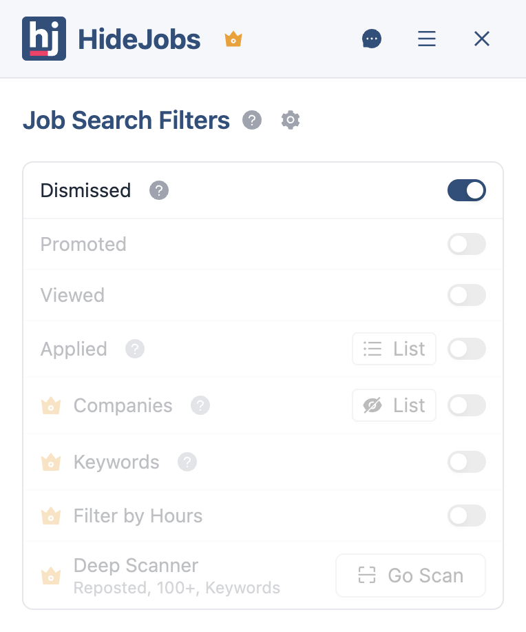 HideJobs filters panel with the Dismissed Jobs toggle enabled