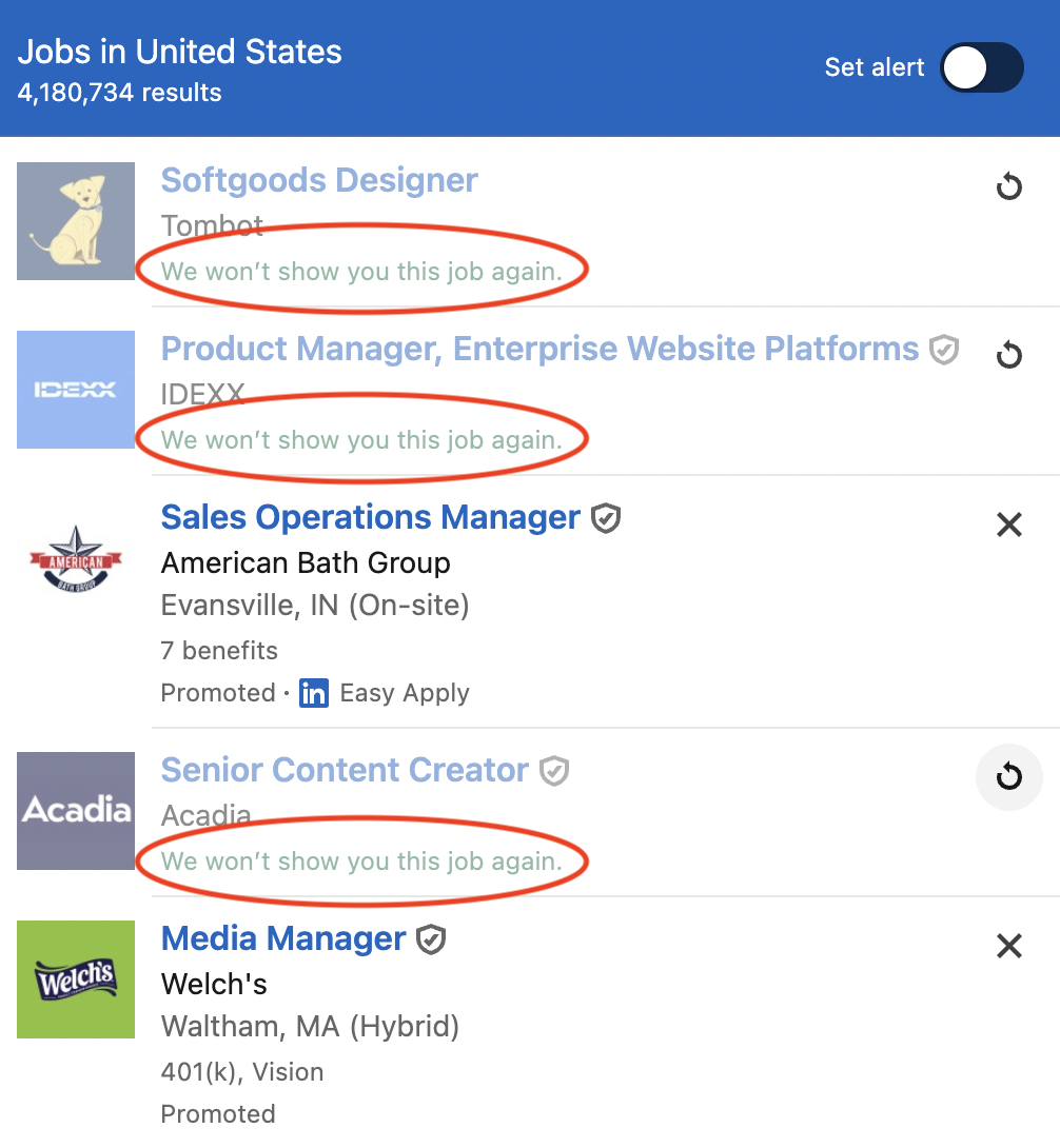 LinkedIn search results page showing multiple dismissed jobs with the 'We won't show you this job again' message still visible, cluttering the results