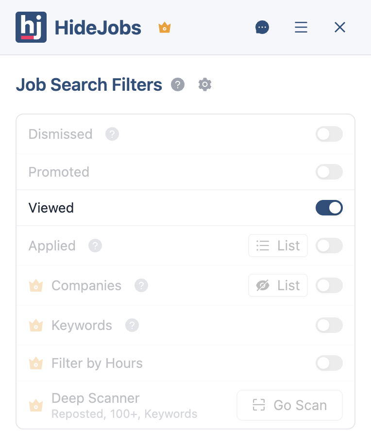 HideJobs filters panel with the Viewed Jobs toggle enabled