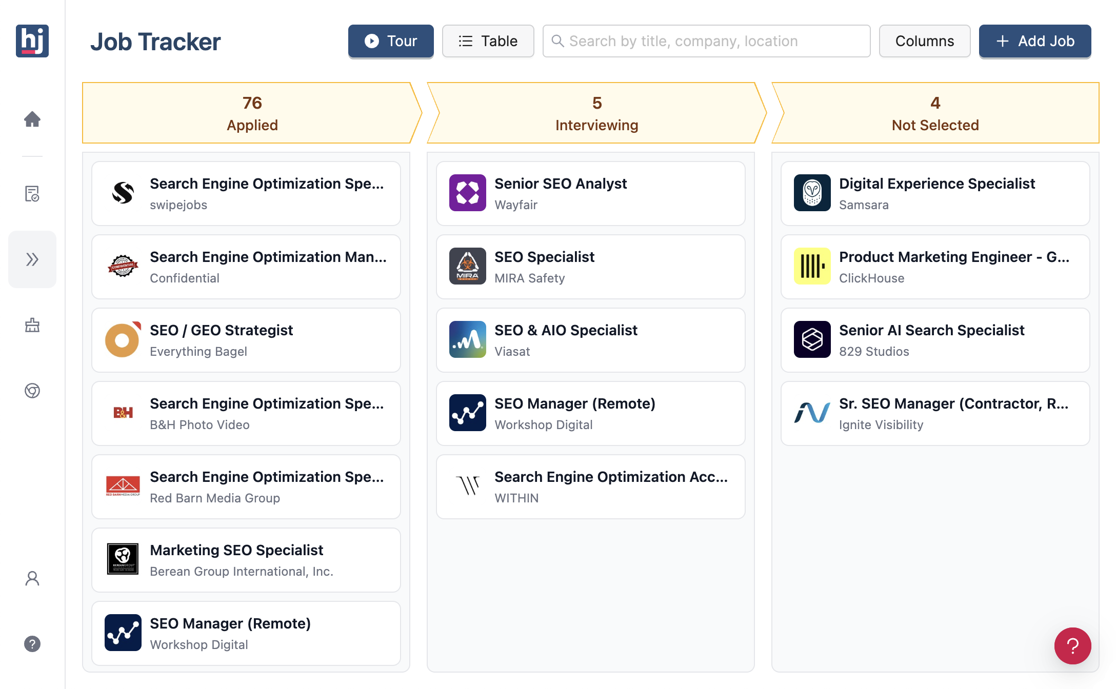 HideJobs job tracker card view showing application cards organized by stage: Saved, Applied, Interviewing, and Offer