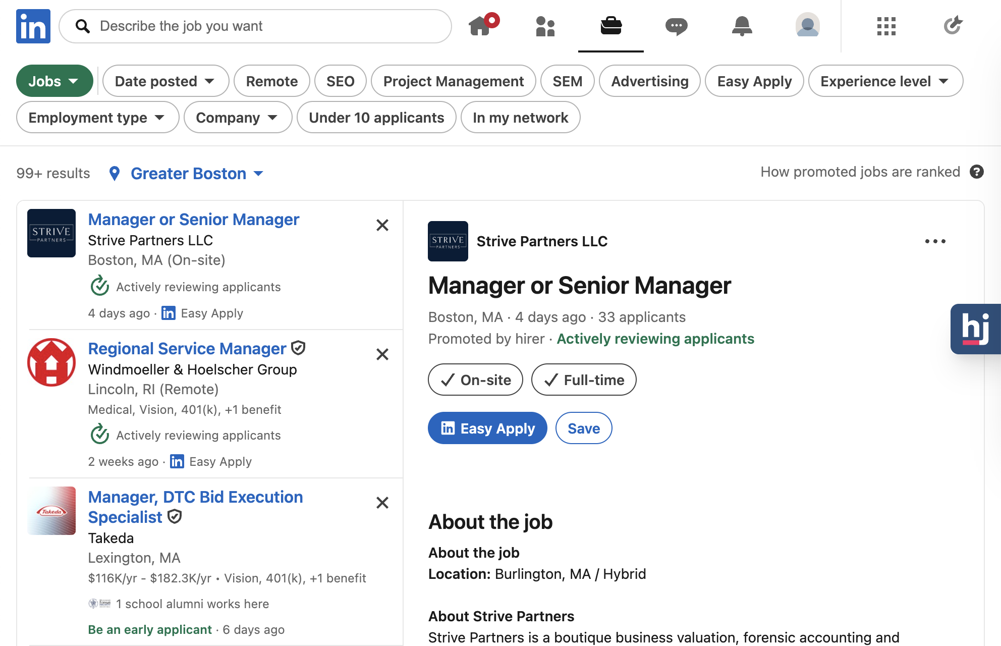 LinkedIn's AI-powered job search interface with a 'Describe the job you want' box and AI-interpreted topic filters like SEO, Project Management, and SEM