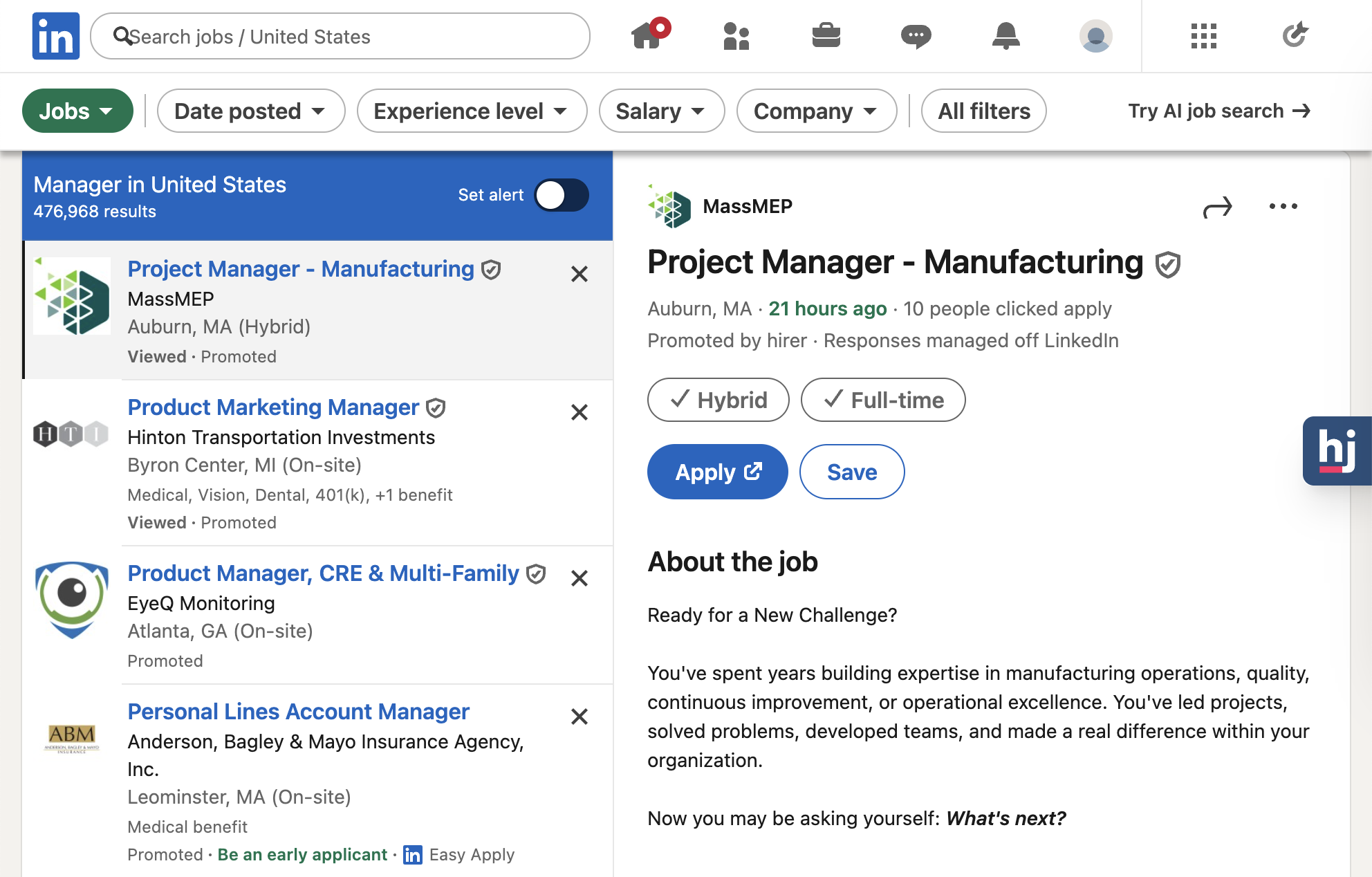 LinkedIn's classic job search interface with a 'Search jobs' box and traditional filter pills for date posted, experience level, salary, and company