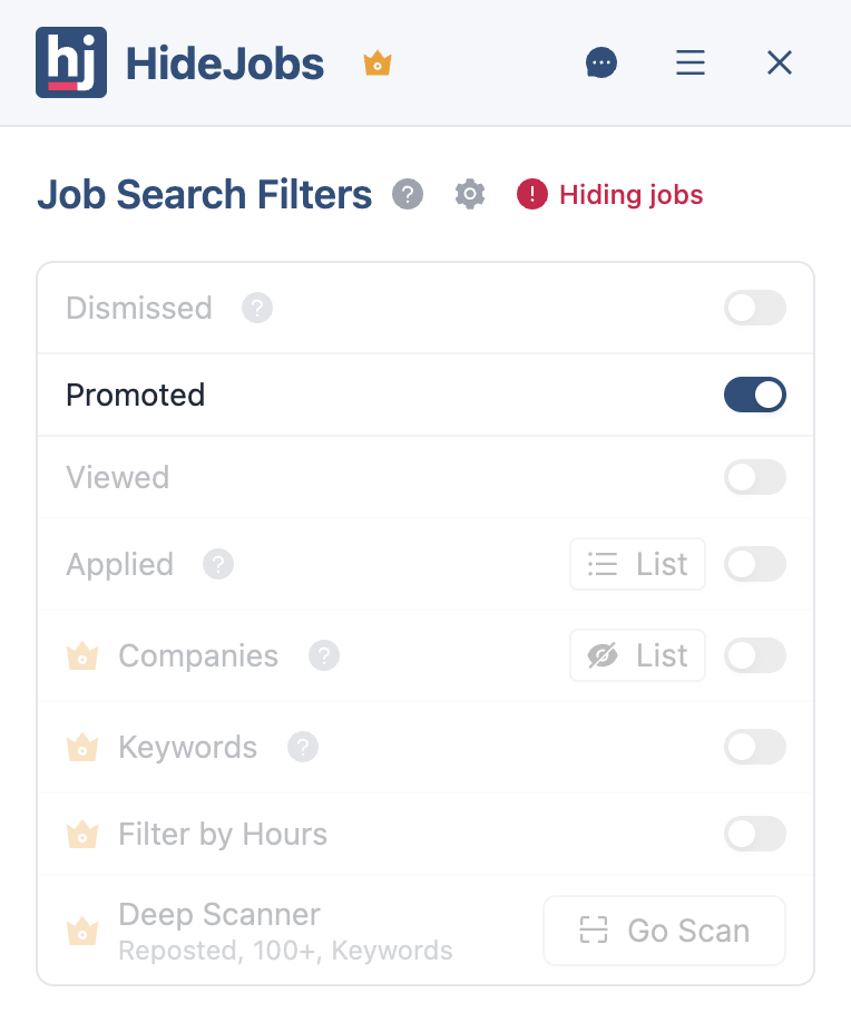 HideJobs filters panel with the Promoted Jobs toggle enabled