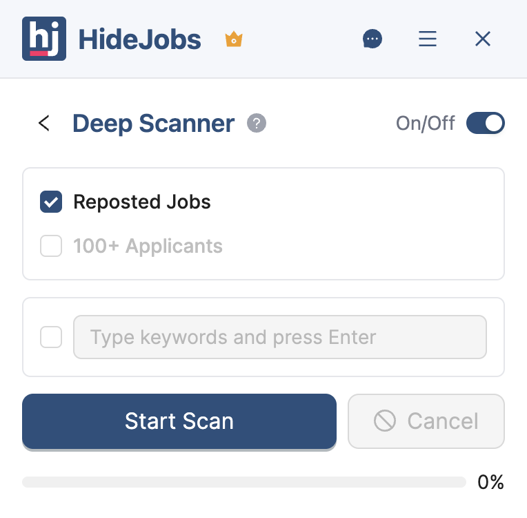Deep Scanner panel with Reposted option and Start Scan button