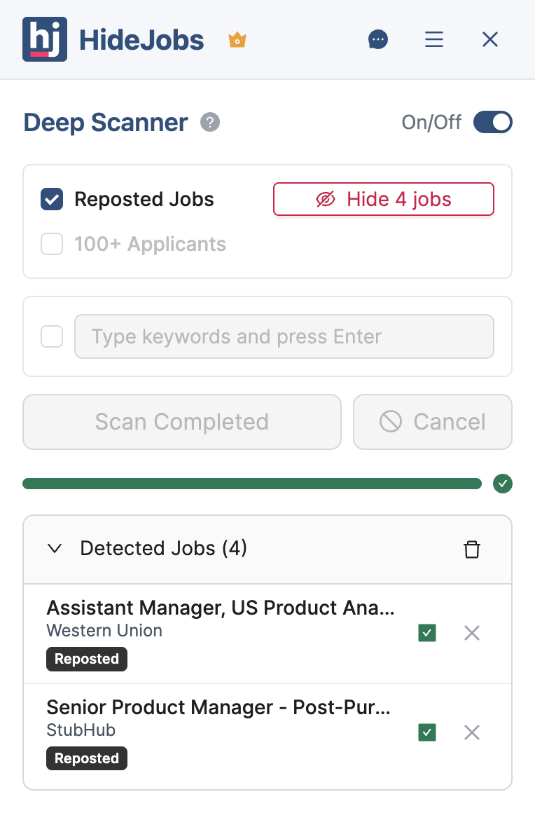 Scan History list of reposted jobs