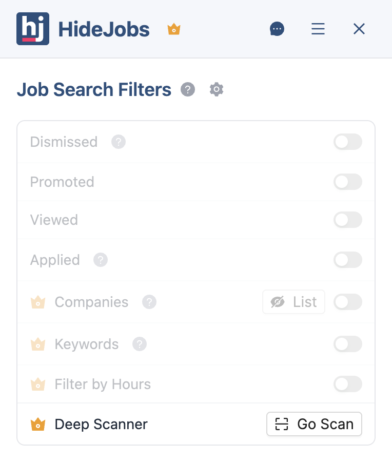 HideJobs filters panel showing Deep Scanner filter and Go Scan button