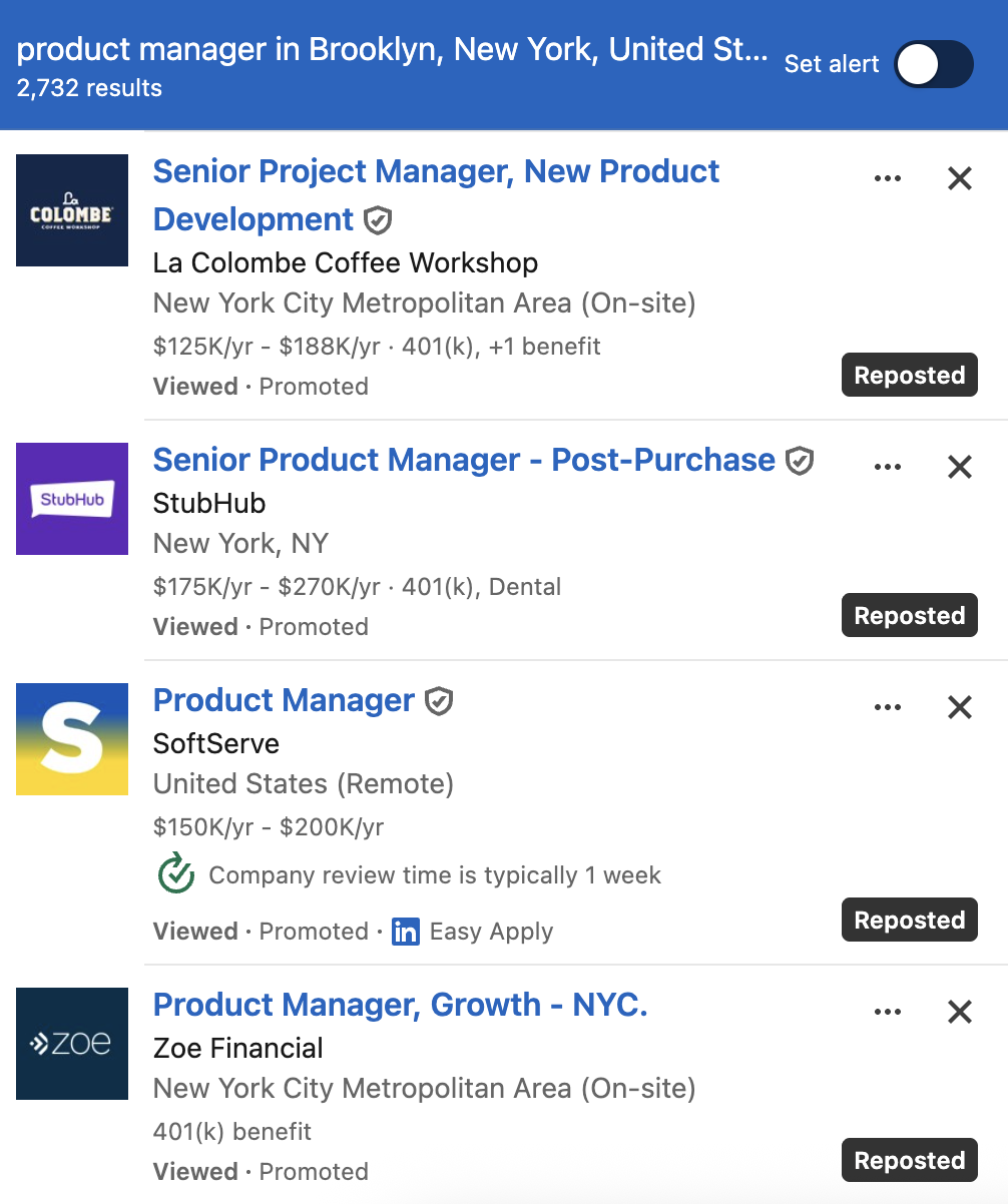 Job cards with black Reposted badges