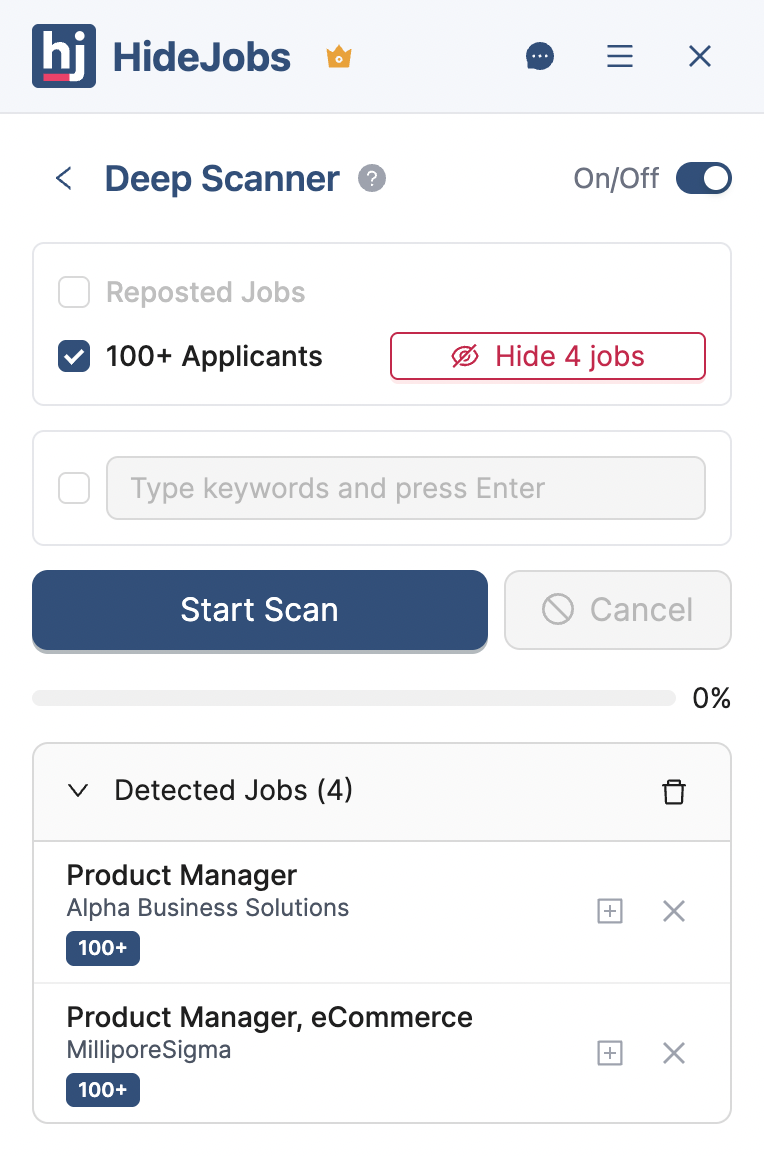 Scan results after the scan completed with the list of detected 100+ applicants jobs