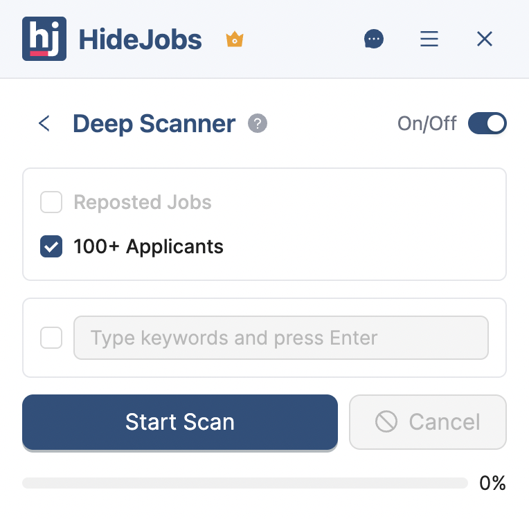 Deep Scanner panel with the 100+ Applicants option chosen