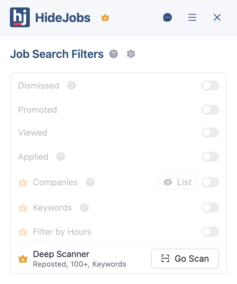 HideJobs main filters panel showing the Deep Scanner option