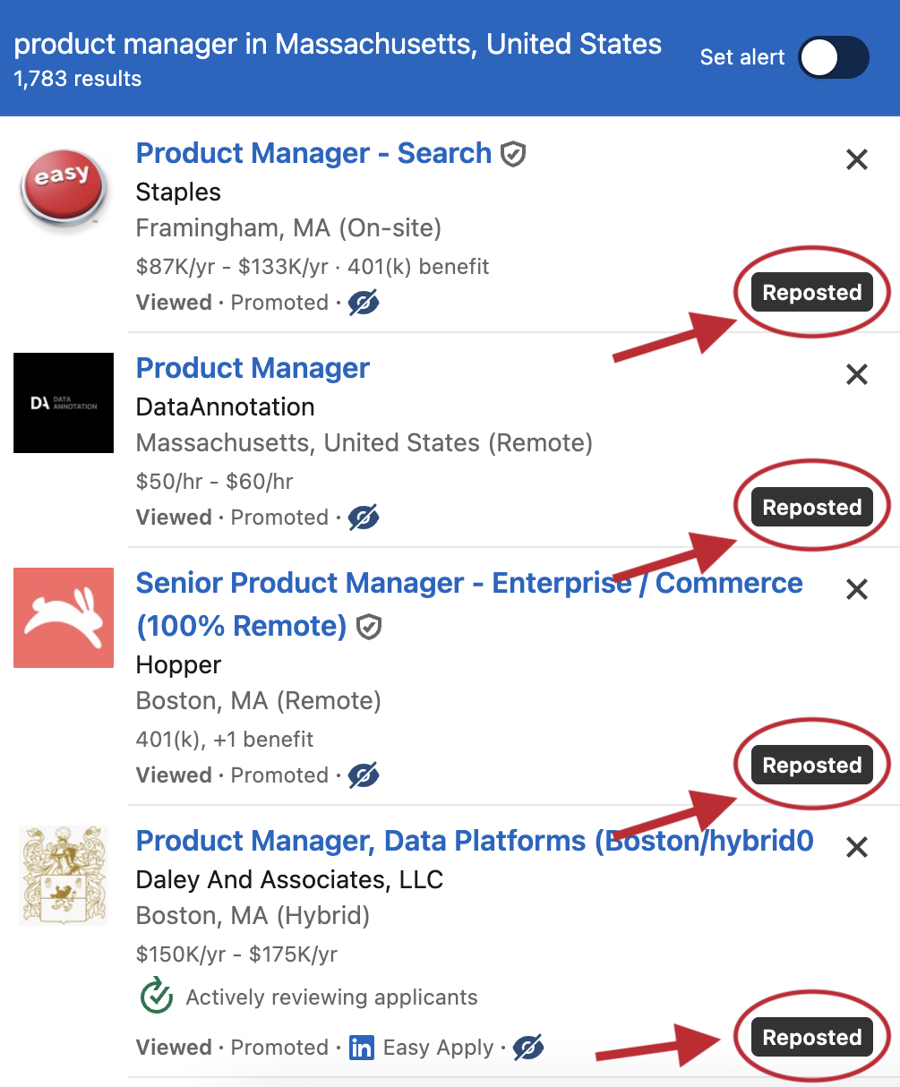 HideJobs extension marking reposted jobs with black badges on LinkedIn search results for easy identification