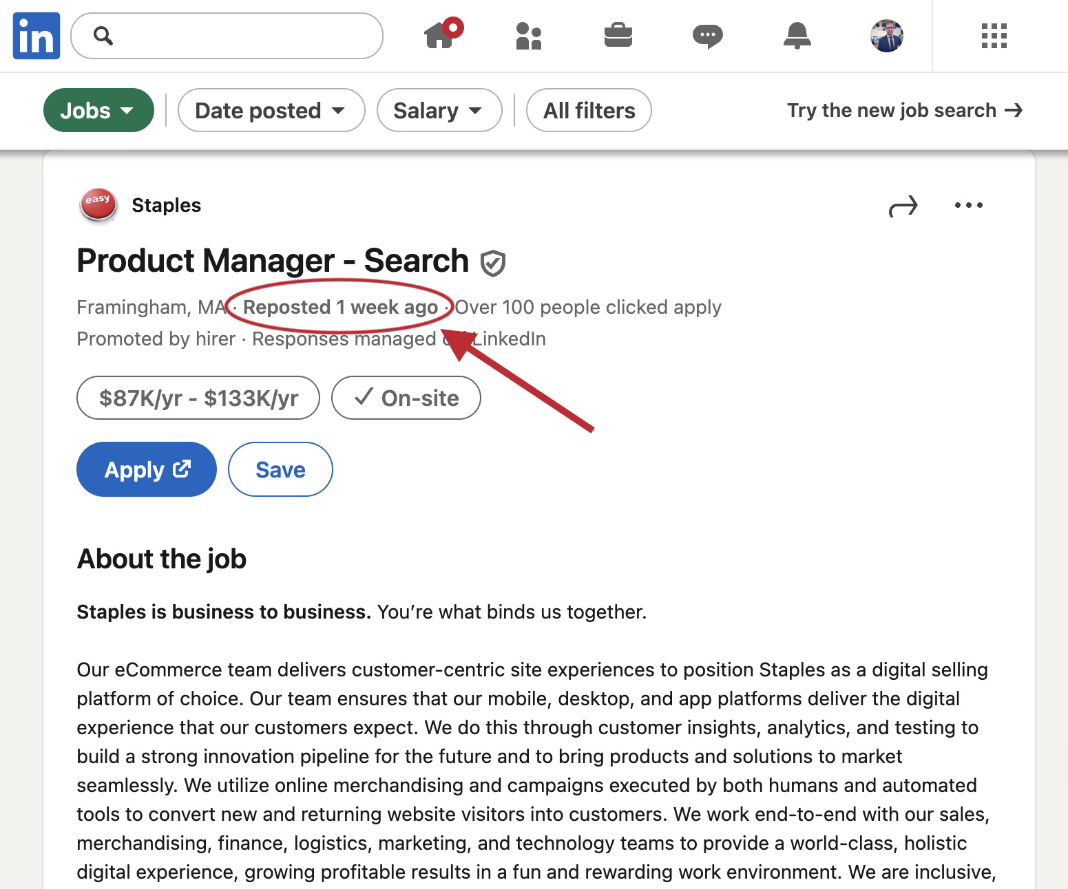 LinkedIn job posting showing the 'Reposted 5 days ago' label that appears when employers refresh their listings